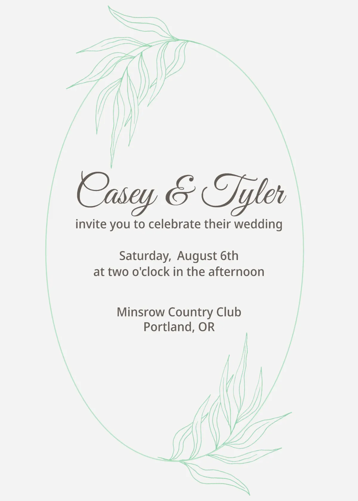 Gray & Green Oval Floral Illustration Frame Wedding Invitation