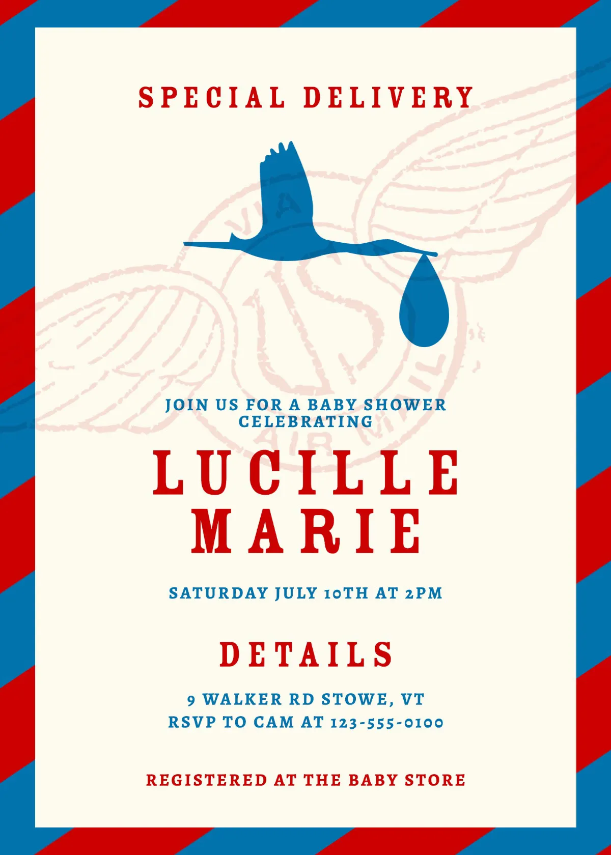 Red and Blue Postal Baby Shower Invitation