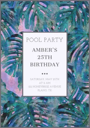 Birthday Pool Party Invitation Card with Palm Leaves Pool Party Invitation