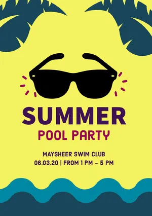 Yellow Summer Pool Party Invitation Card with Sunglasses Pool Party Invitation