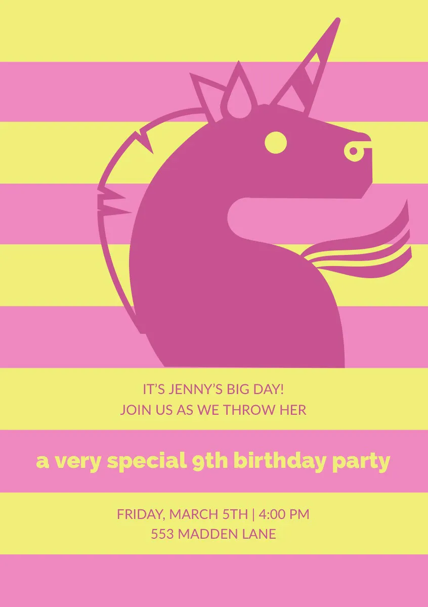 Yellow and Pink Illustrated Birthday Party Invitation Card with Unicorn