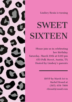 Pink Animal Print Sweet Sixteen Birthday Invitation Card Sweet 16 Invitation