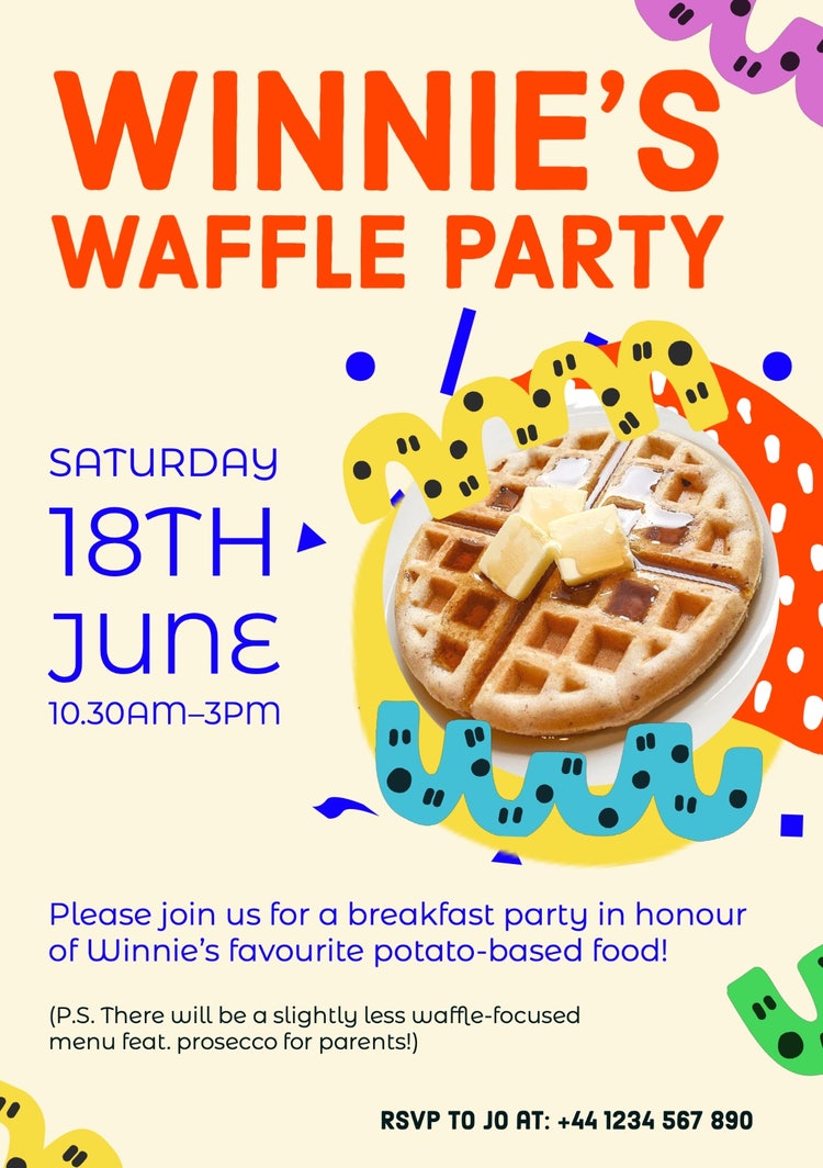 Cream Red Blue & Yellow Waffle Party Breakfast A5 Invitation