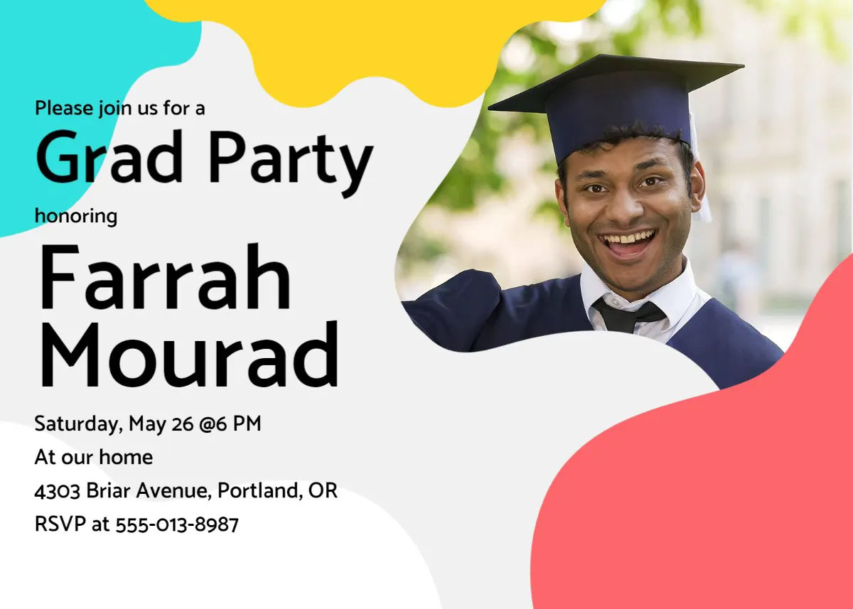 Yellow, Blue and Red Colorful Modern Blob Photo Graduation Invitation