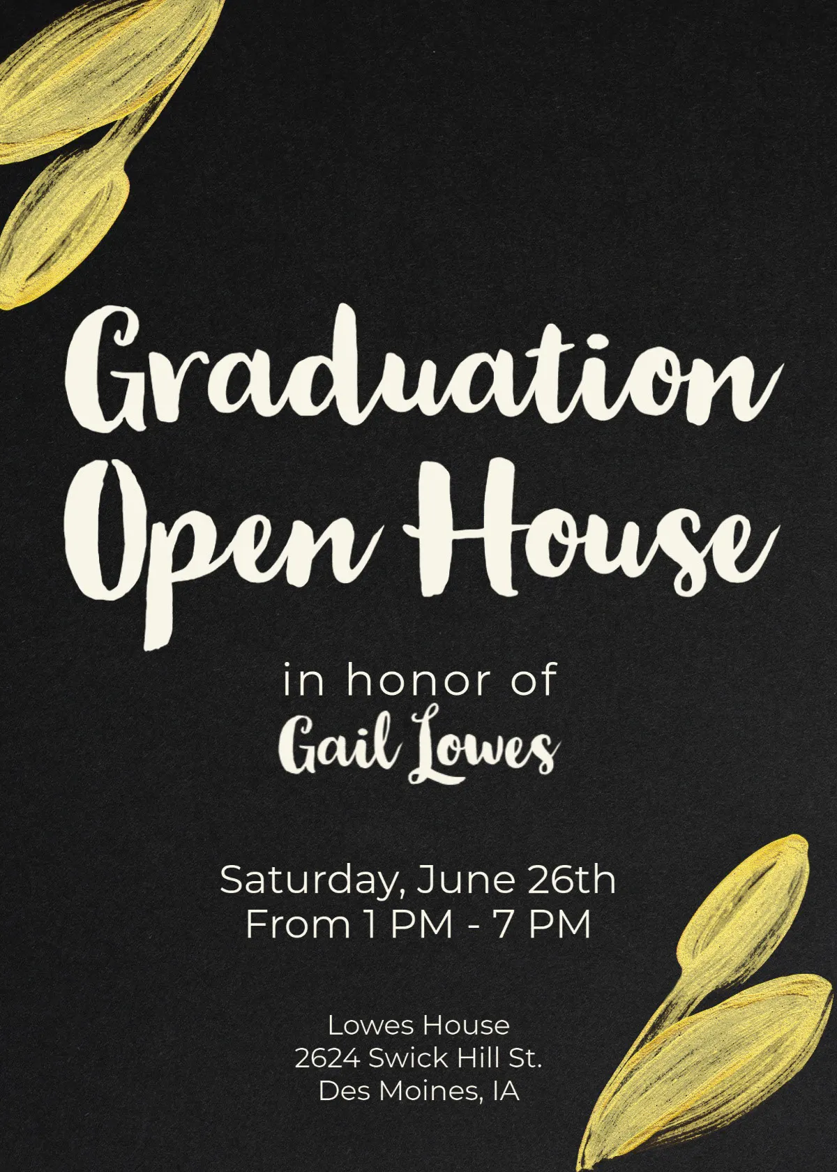 Black And Gold Graduation Open House Party Invitation