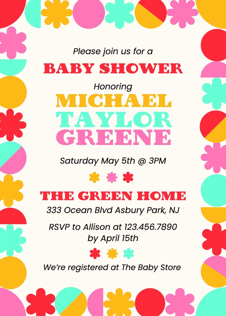 Pink and Blue Midcentury Floral Baby Shower Invitation