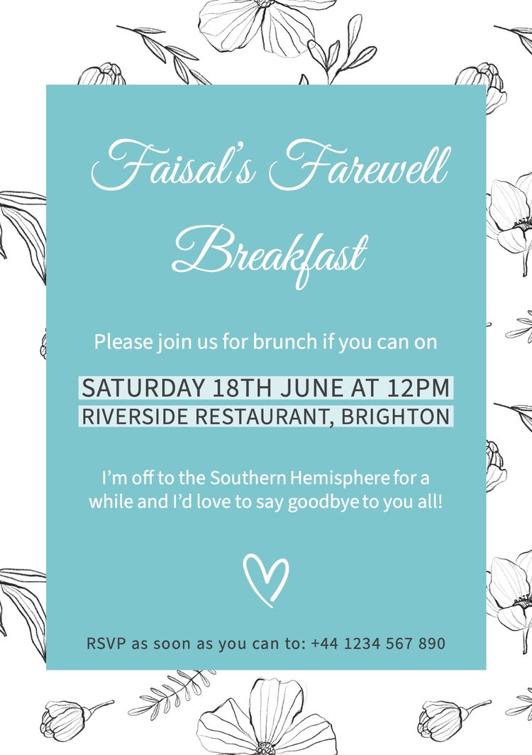 Blue Turquoise White & Black Farewell Breakfast Dinner A5 Invitation