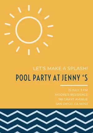 Orange and Blue Pool Party Invitation Card with Sun and Waves Pool Party Invitation