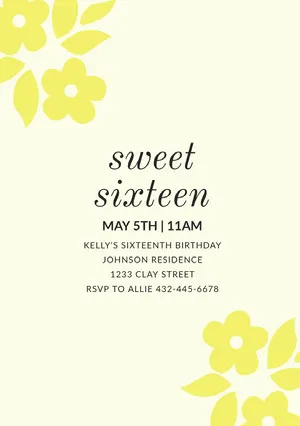 Yellow Floral Sweet Sixteen Birthday Invitation Card Sweet 16 Invitation