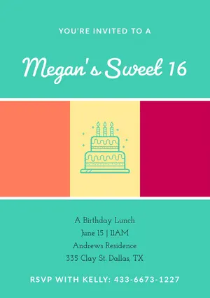 Multicolored Sweet Sixteen Birthday Invitation Card with Cake Sweet 16 Invitation