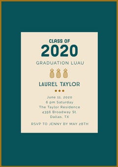 Teal and Gold Graduation Party Invitation Card with Pineapples Luau Invitation