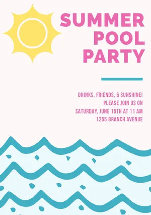 Pink and Blue Illustrated Pool Party Invitation Card Pool Party Invitation