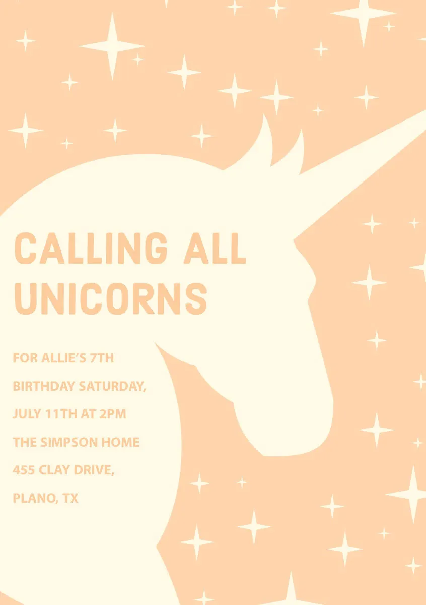 Orange Birthday Party Invitation Card with Unicorn and Stars