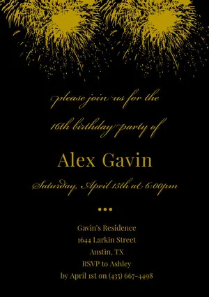 Gold and Black Elegant Sweet Sixteen Birthday Invitation Card with Fireworks Sweet 16 Invitation