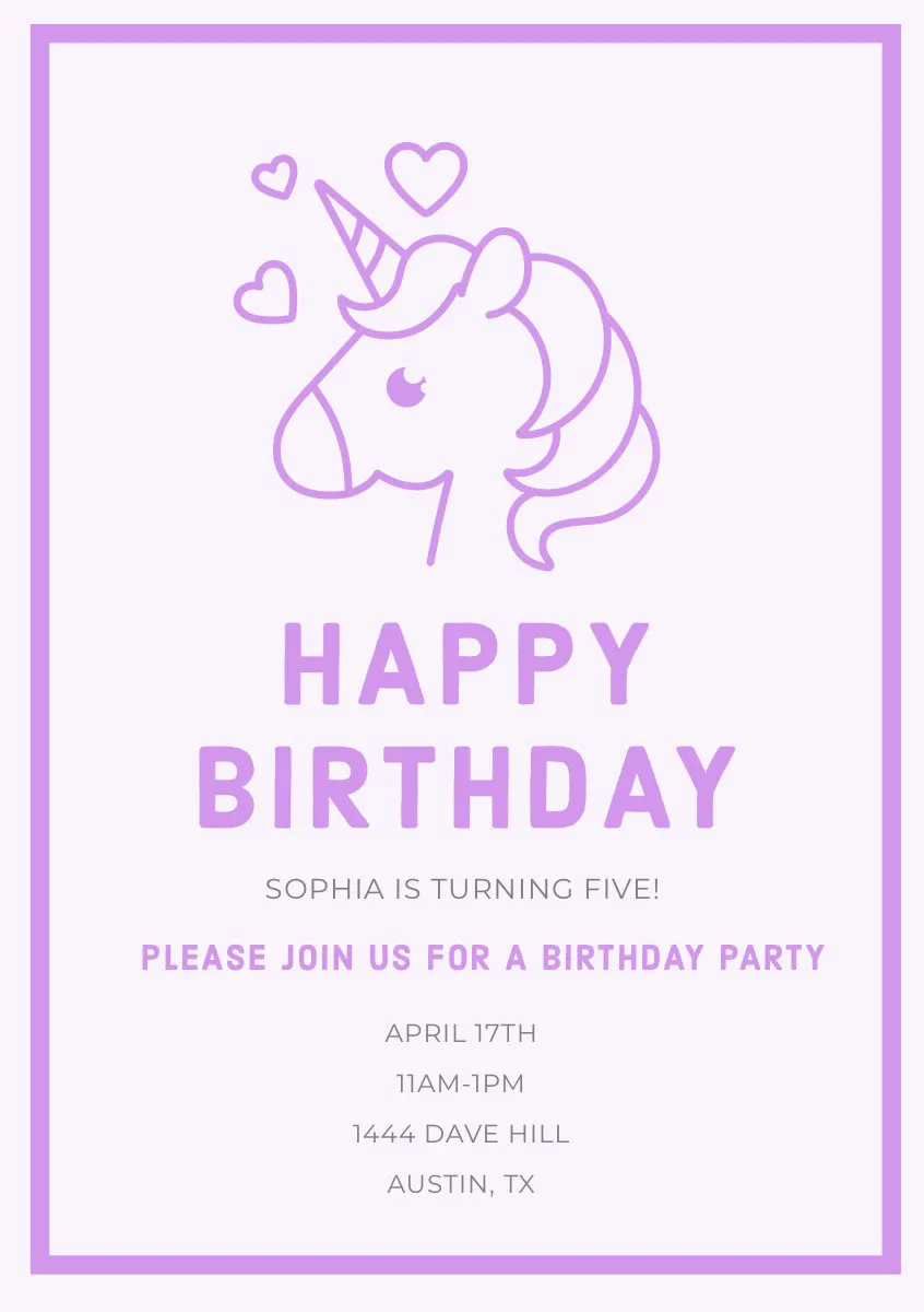 Pink Illustrated Birthday Party Invitation Card with Unicorn and Hearts