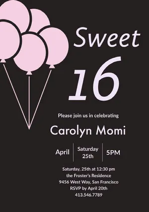 Pink and Black Sweet Sixteen Birthday Invitation Card with Balloons Sweet 16 Invitation