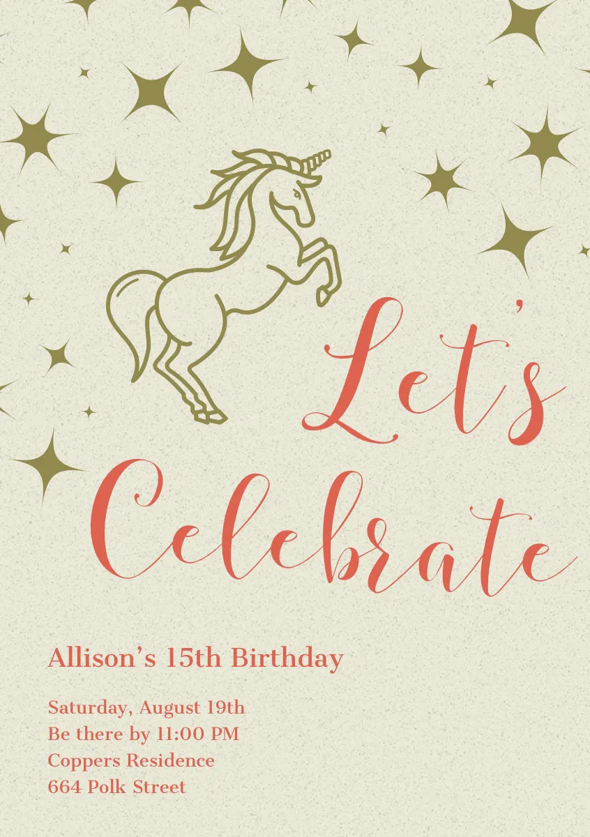 Gold and Red Illustrated Birthday Party Invitation Card with Unicorn