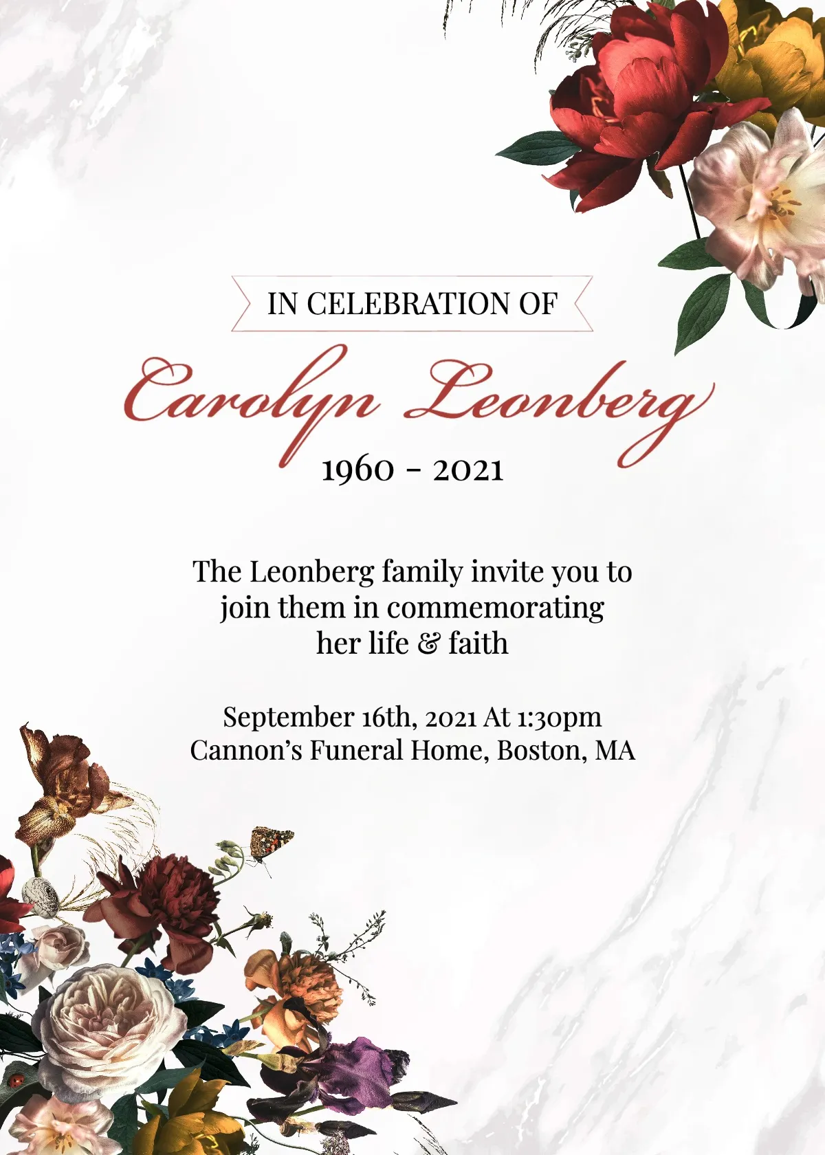 Red & White Floral Celebration of Life Card