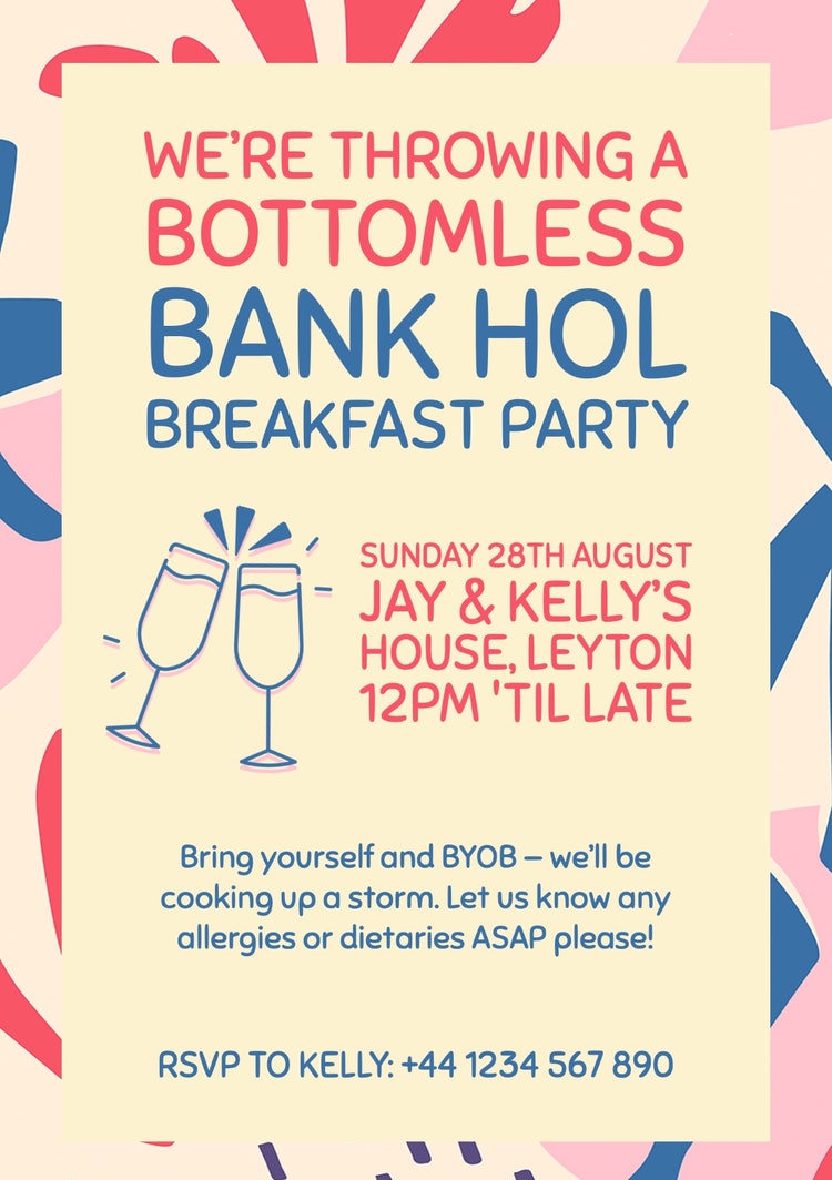 Cream Red Pink & Blue Bottomless Bank Holiday Brunch Breakfast Party A5 Invitation