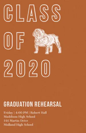 Brown Graduation Rehearsal Poster with Bulldog Mascot Rehearsal Invitation