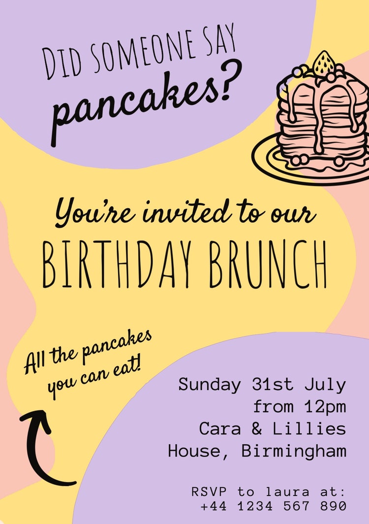 Lilac Pink Yellow & Black Pancake Big Birthday Brunch A5 Invitation