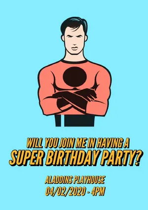 Blue Superhero Illustration Birthday Invitation Card Email Invitation