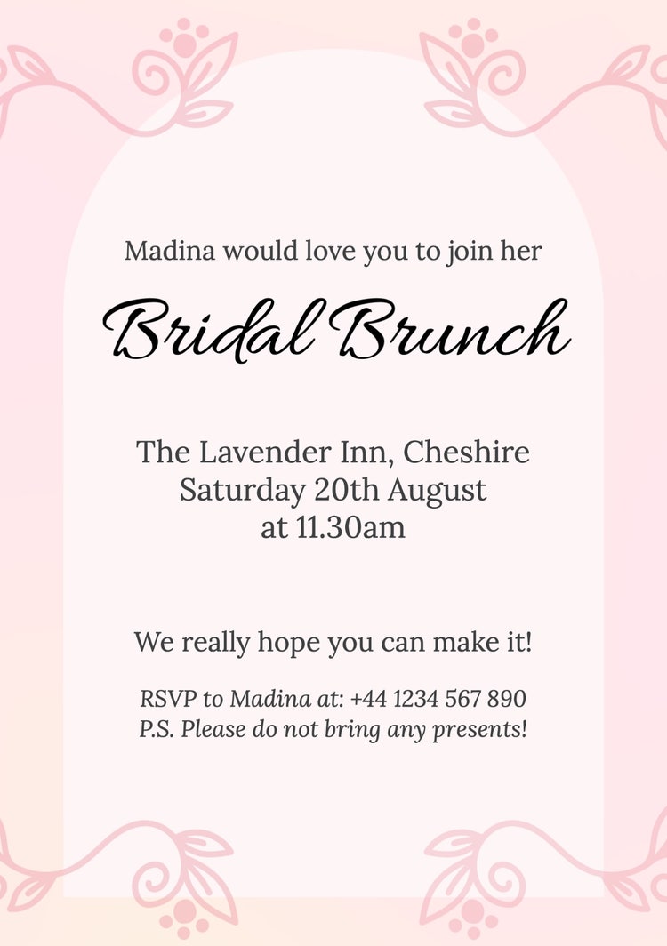Pink & Black Bridal Wedding Brunch Party A5 Invitation