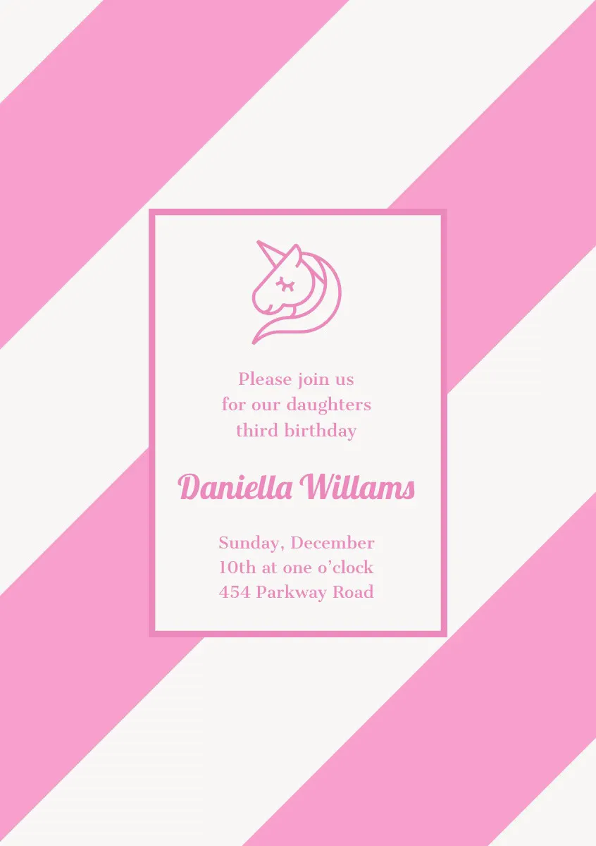 Pink Birthday Party Invitation Card with Unicorn
