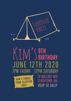 Navy Blue Red and Yellow Girl's Birthday Party Invitation Sleepover Invitation