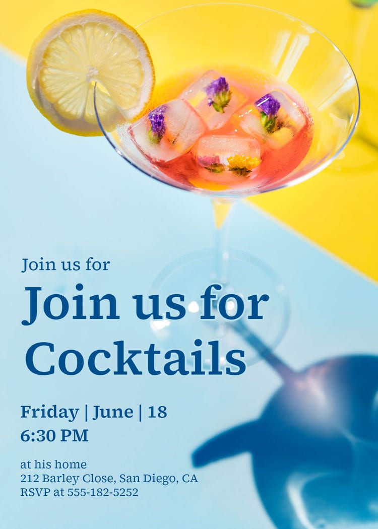 Yellow Blue Red Cocktail Birthday Invitation