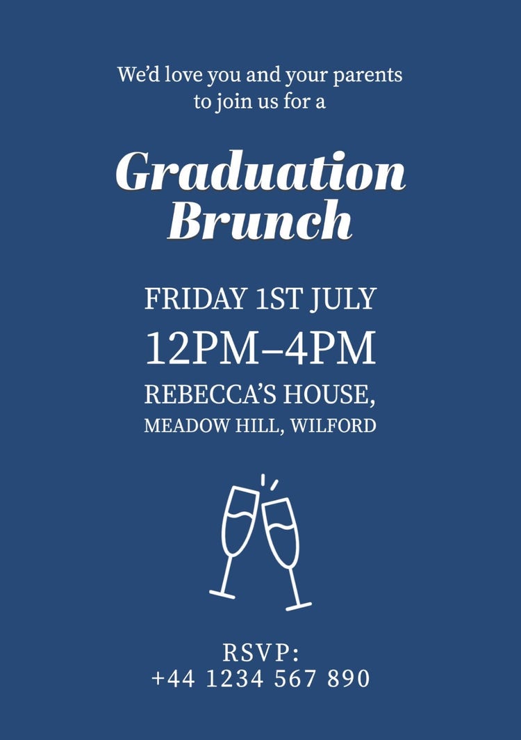Blue Navy & White Graduation Champagne Brunch A5 Invitation
