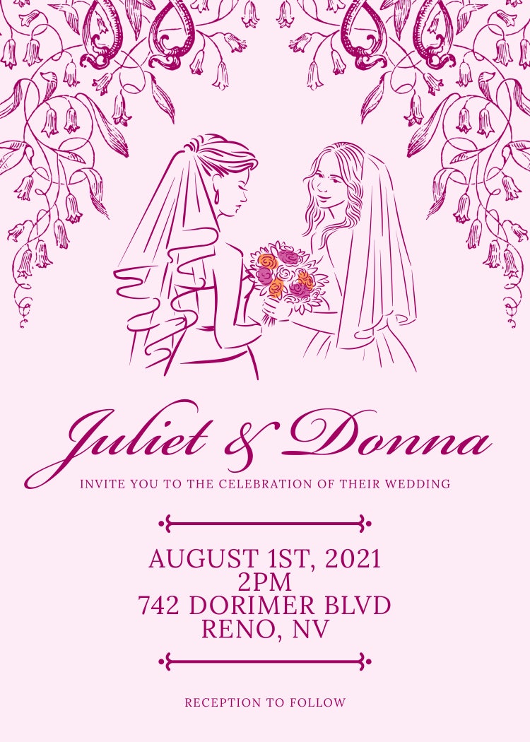 Pink Traditional Illustrated LGBTQ Wedding Invitation
