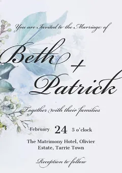 Blue Floral Calligraphy Wedding Invitation Card Rustic Wedding Invitation