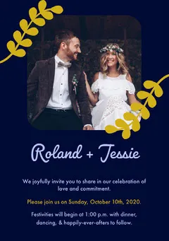 Navy and Gold Vine Wedding Invitation Card with Happy Bride and Groom Photo Rustic Wedding Invitation