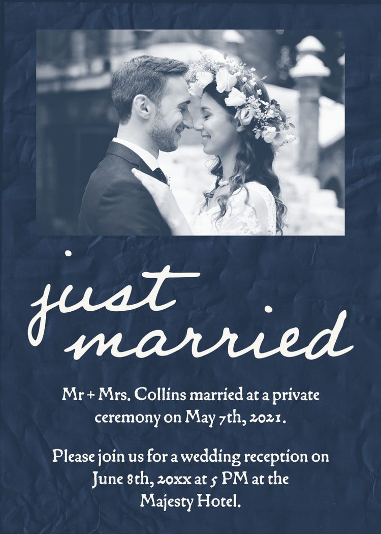 Blue & White Hand Written Just Married Announcement Greeting Card