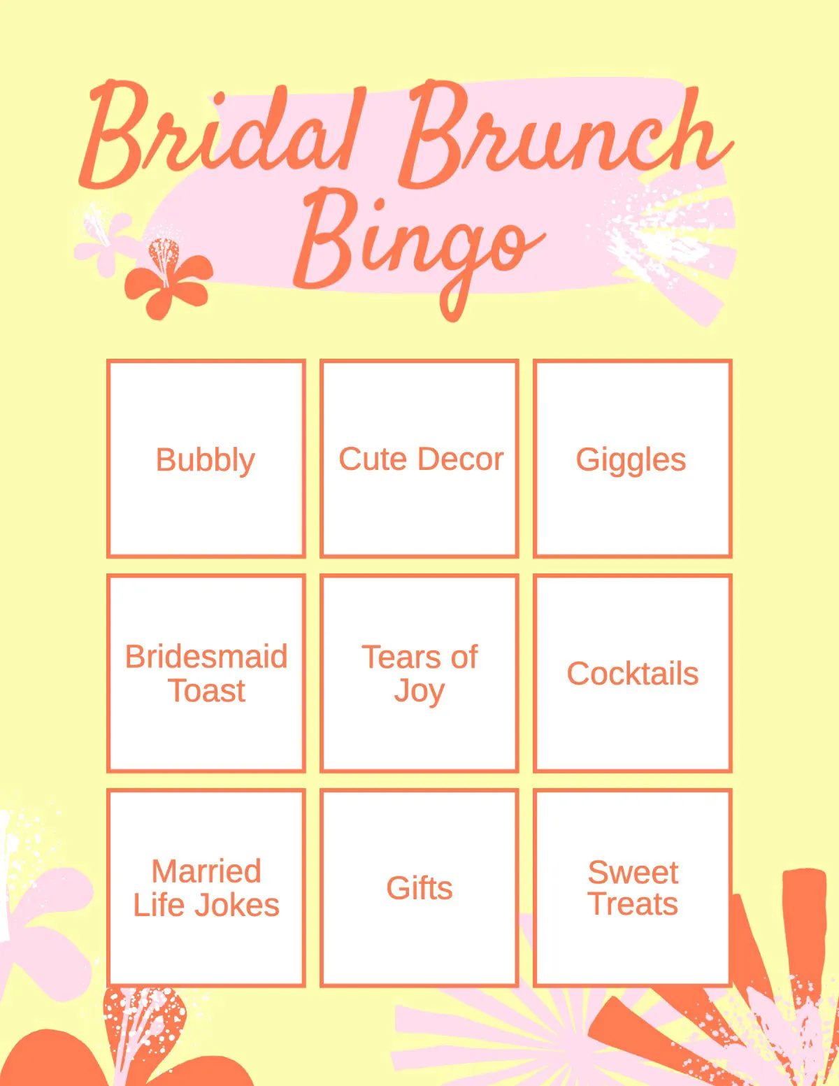 Yellow & Pink Bridal Bingo Worksheet