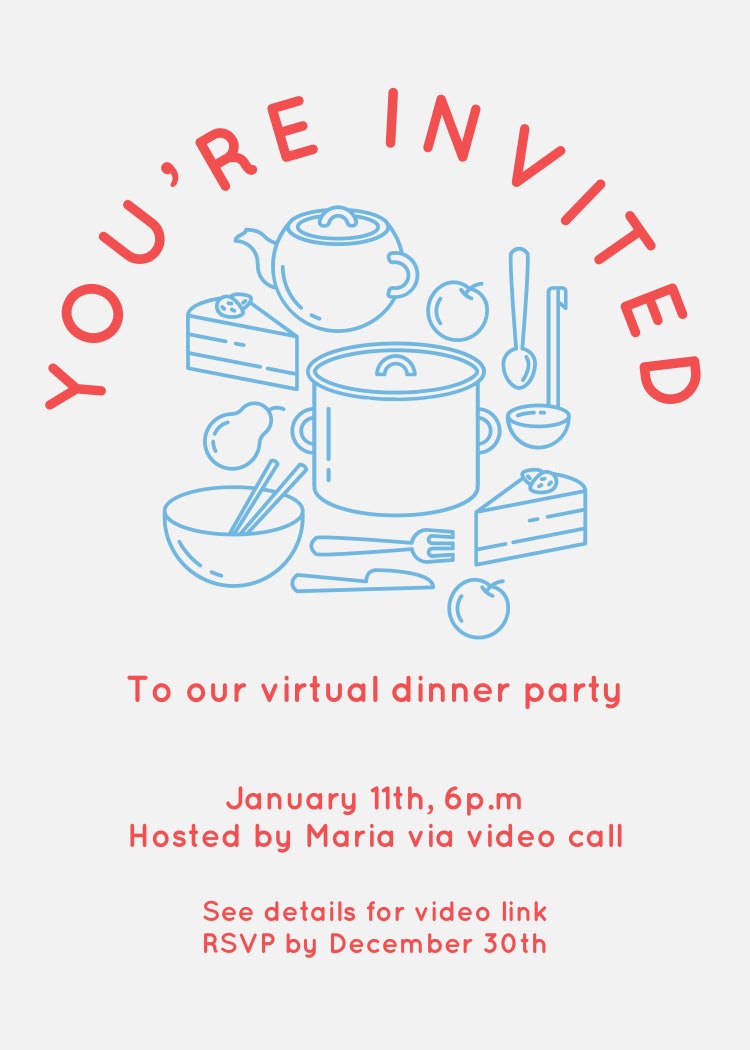 Pink and Blue Virtual Dinner Party Invite Card