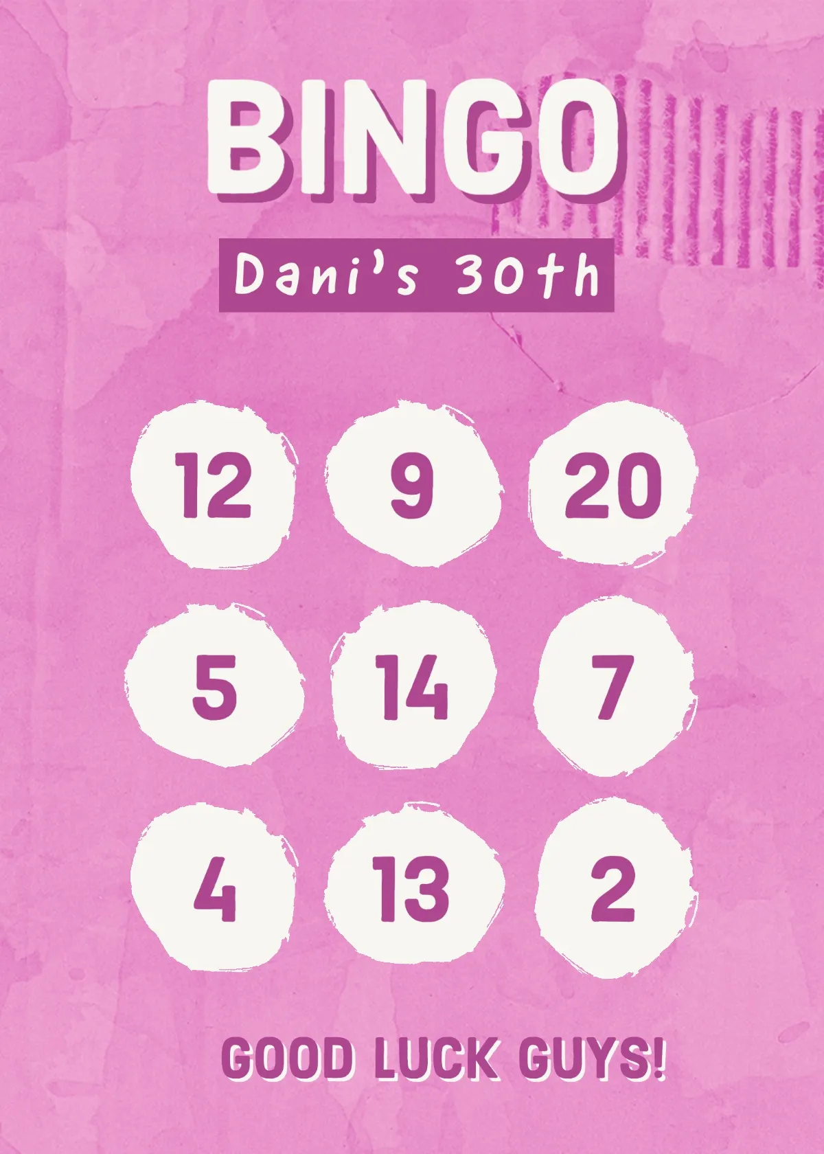 Pink and White 30th Birthday Bingo Card