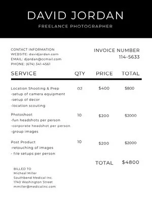 Black and White Photographer Invoice Invoice 