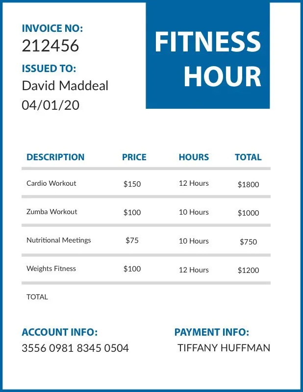 Blue Gym Workout Invoice