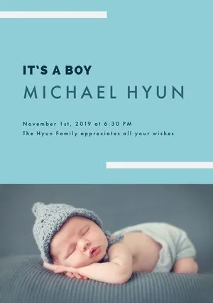Blue and Sleeping Baby Birth Announcement Announcement