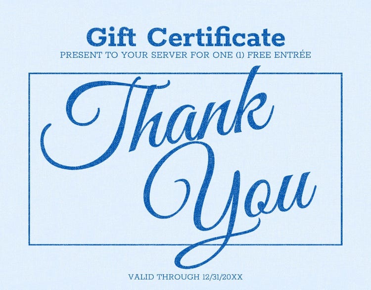 Blue Retro Monochromatic Textured Restaurant Gift Certificate