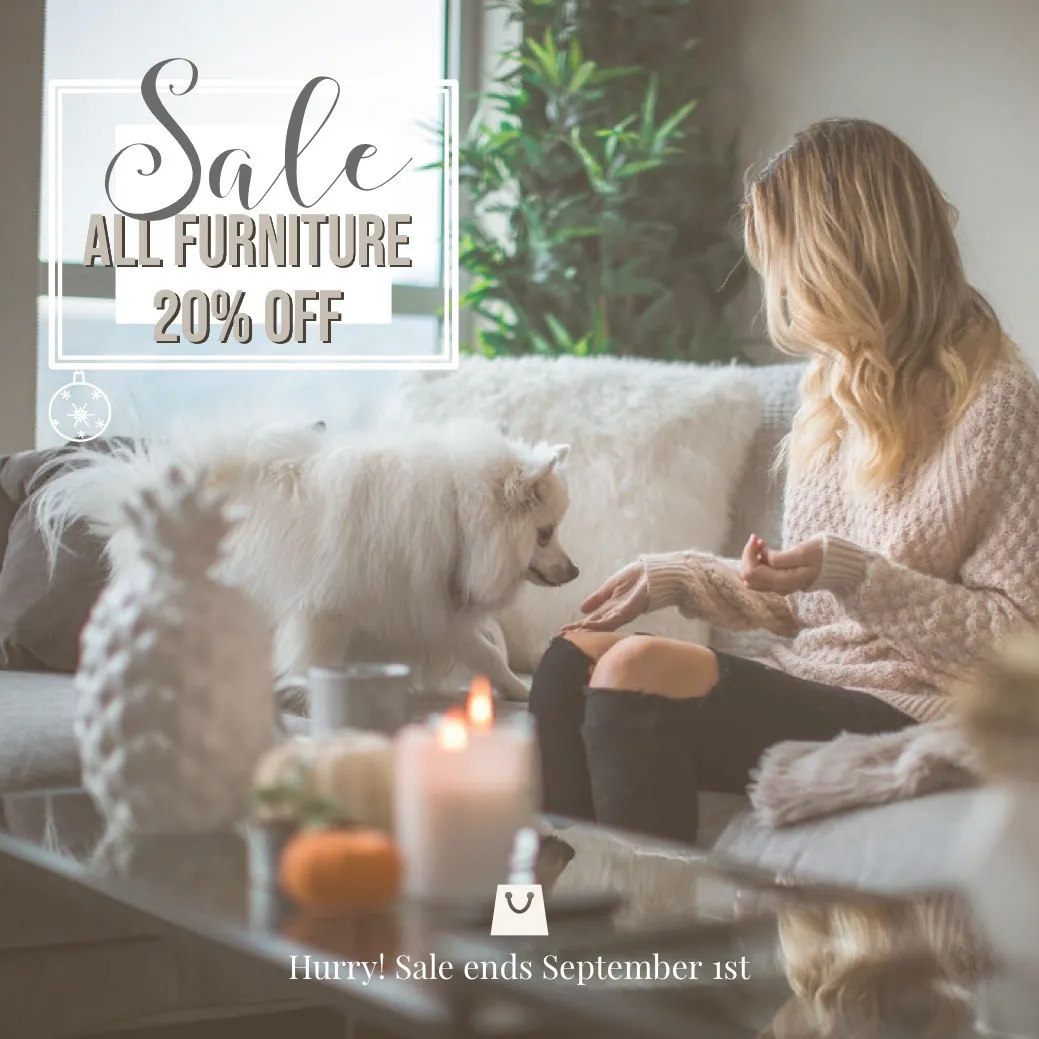 Furniture Sale Instagram Square Ad with Woman and Dog in Living Room
