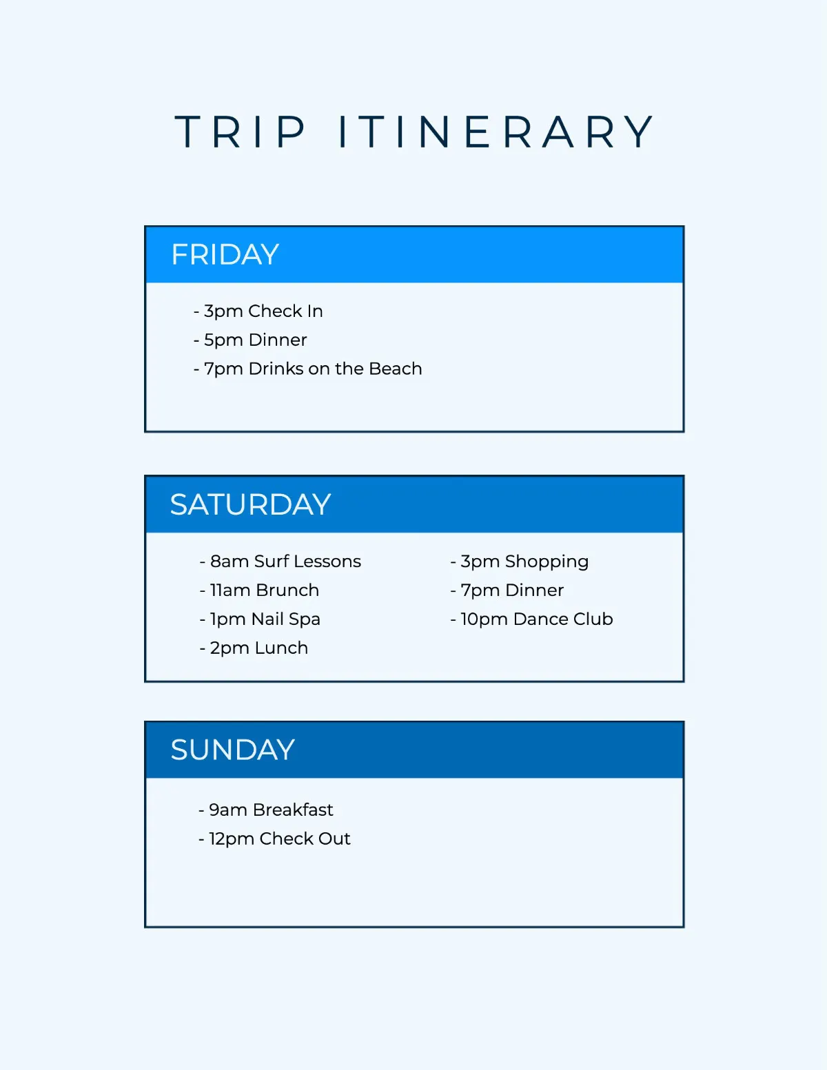 Blue Simple Travel Itinerary