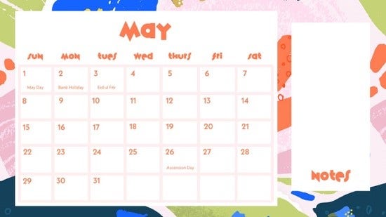 UK Orange, Blue and Pink May Calendar