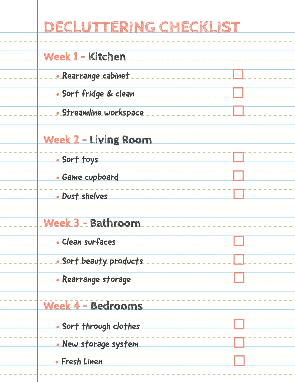 Red and White Notepad Decluttering Checklist