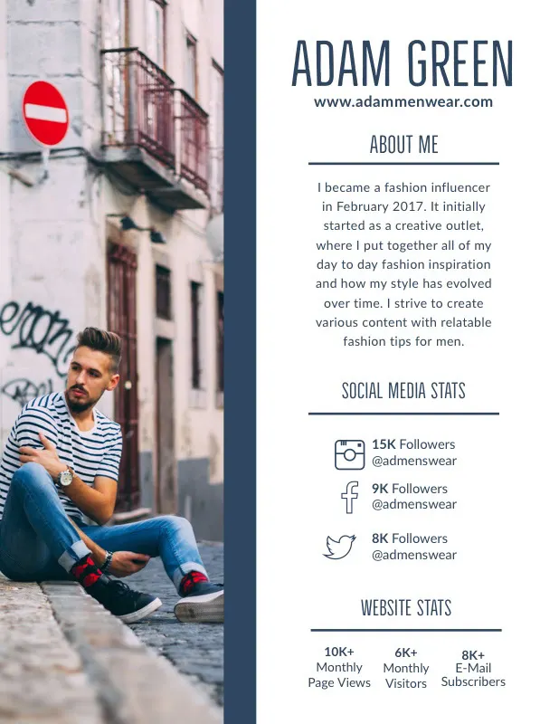 Blue Fashion Influencer Media Kit with Man Sitting on Street