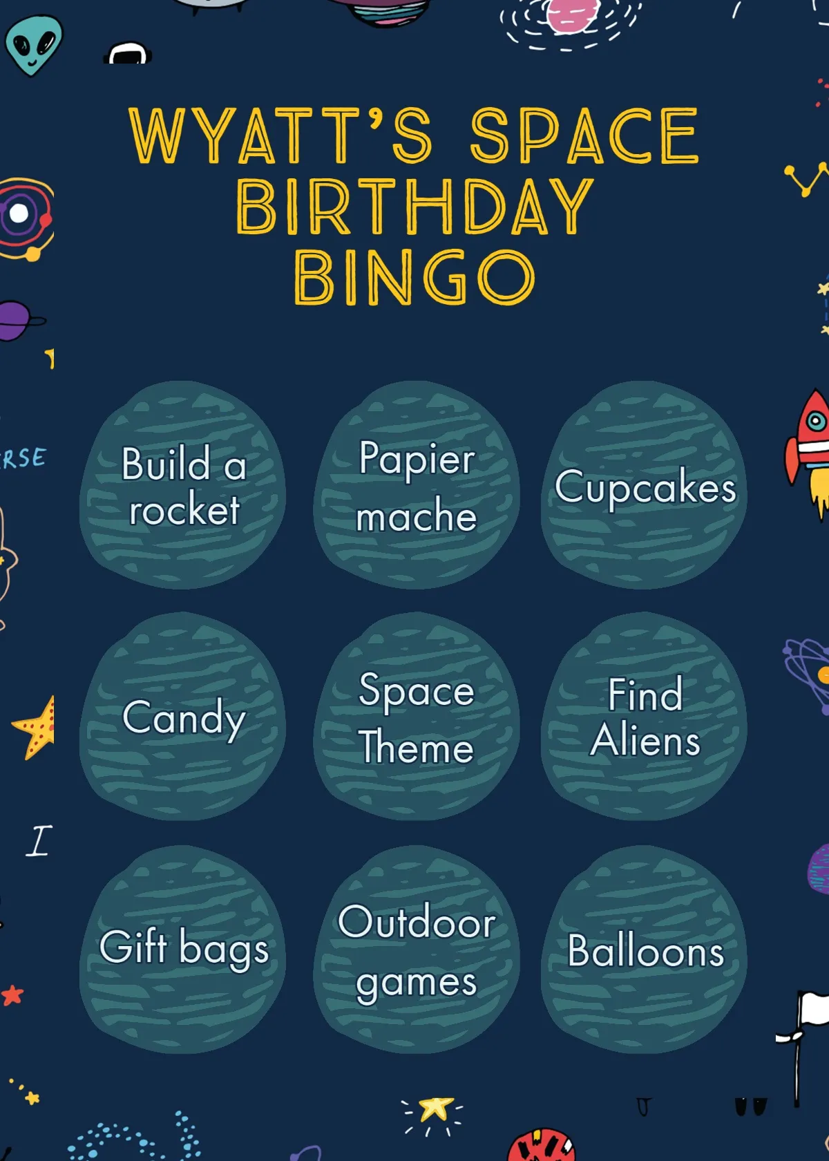 Outer Space Themed Birthday Bingo Card