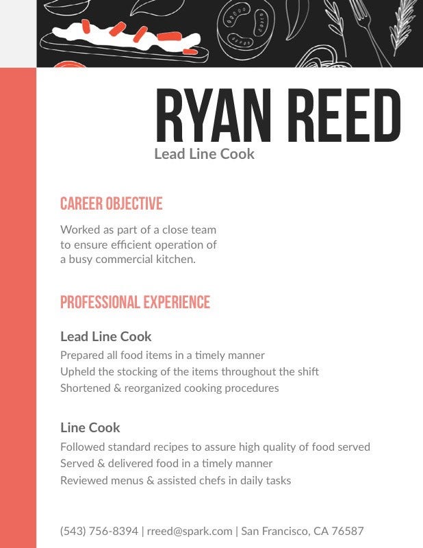 White Black and Pink Professional Cook Resume