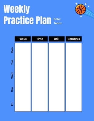 Blue And White Bold Weekly Basketball Practice Planner